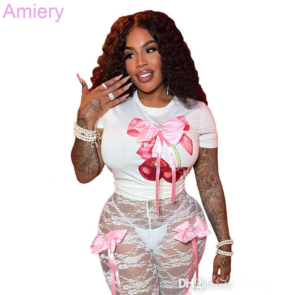 New T Shirt Women Fashion Printed Bow Crop Top Graphic Tee 2024 Summer INS Trendy Short Sleeve Round Neck T-shirts