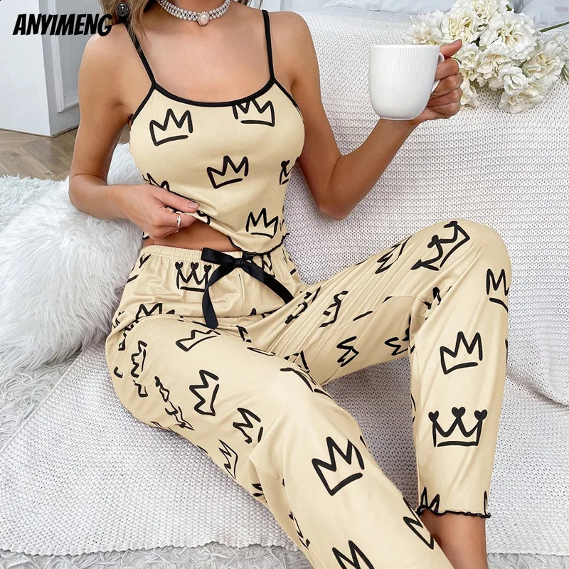 Crown Printing Women Sling Widelegs Pajamas Set Fashion Pijama For Girl Soft Milk Silk Sleepwear Casual Lady Sexy Nightwear 24
