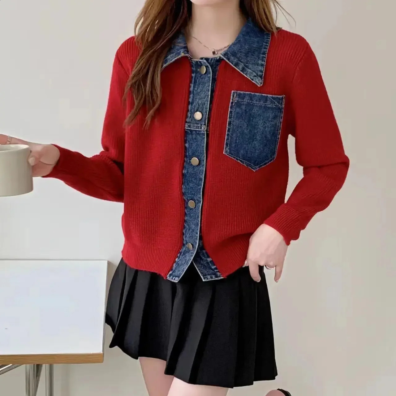 Woman Jean Coat Red Denim Jacket for Women Spring Autumn Knitted Outerwear Patchwork 2024 Fashion Harajuku Streetwear Trend 240814