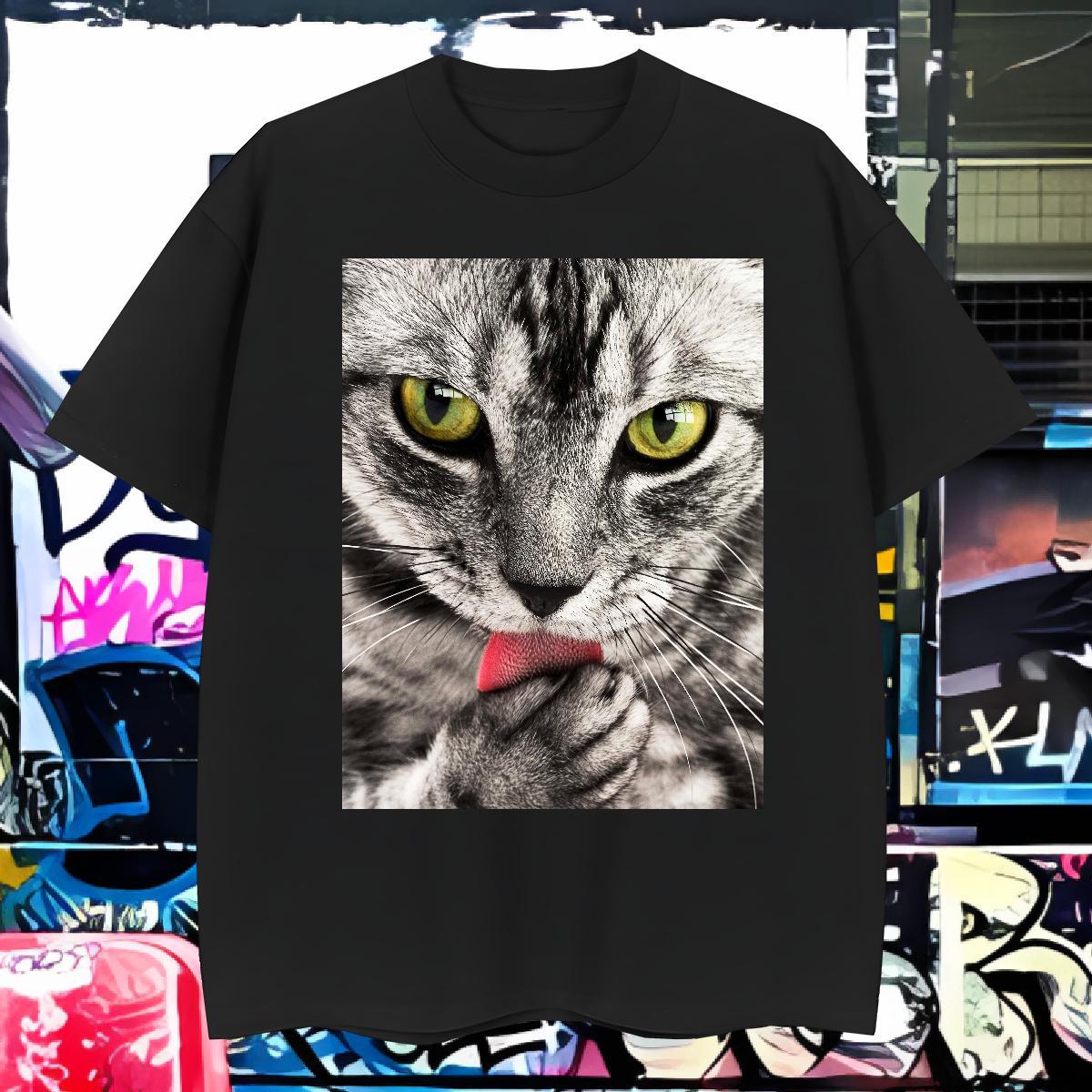 Man T Shirts 100% Cotton 230g cat Anime Printing Street Breathable Short Sleeve Custom Print Oversized Men Clothes T-Shirt Brand Comfortable Tops Shir