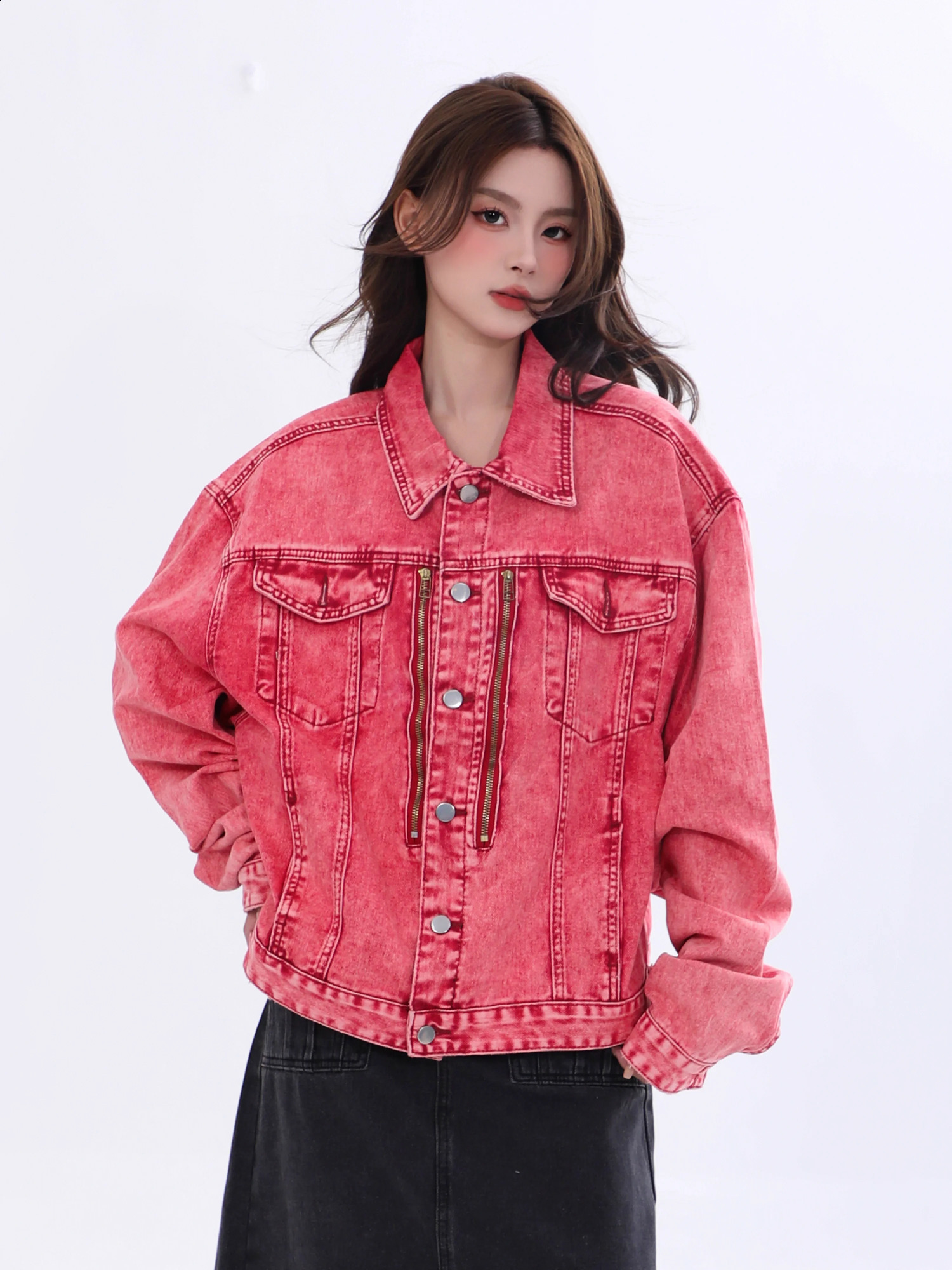 REDDACHiC Y2k Red Distressed Women Bomber Jacket Vintage Wash Zipper Patchwork Demi-season Denim Jacket Korean Vintage Clothes 240814