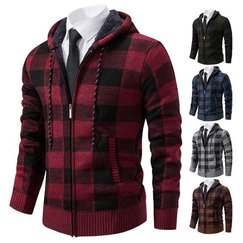 Autumn Winter Mens Cardigan Fashion Plus Velvet Padded Knit Jumpers Male Sweater Hooded Plaid Korean Luxury Brand CoatXJ240814