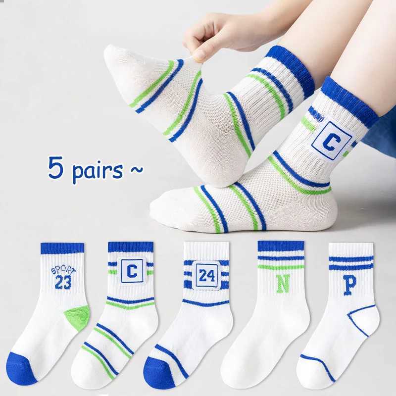 5 pairs of childrens socks boys summer mesh socks girls middle tube socks large childrens student socks casual cotton W240814