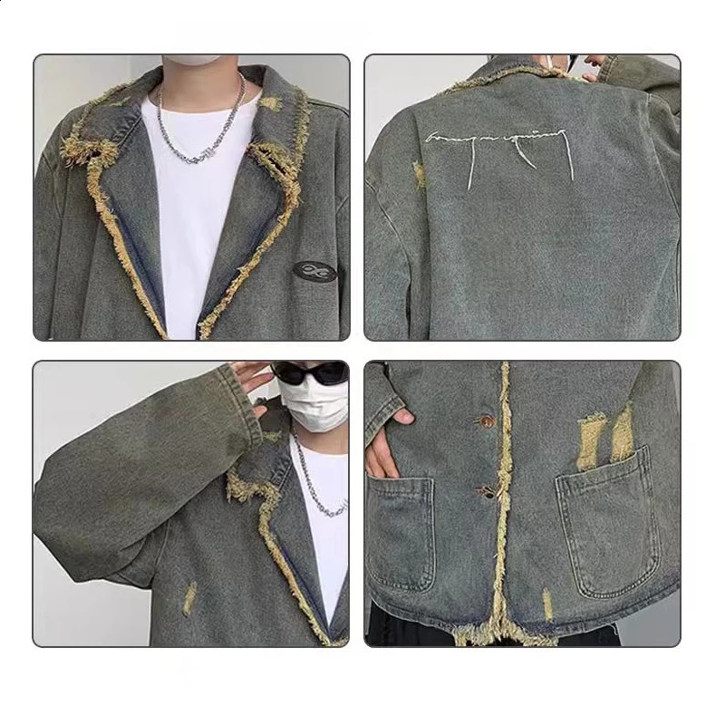 American Vintage Denim Coat Men Women Distressed Broken Hole Tassel Tailored Collar Jeans Wear Spring Autumn Loose Long Jacket 240814