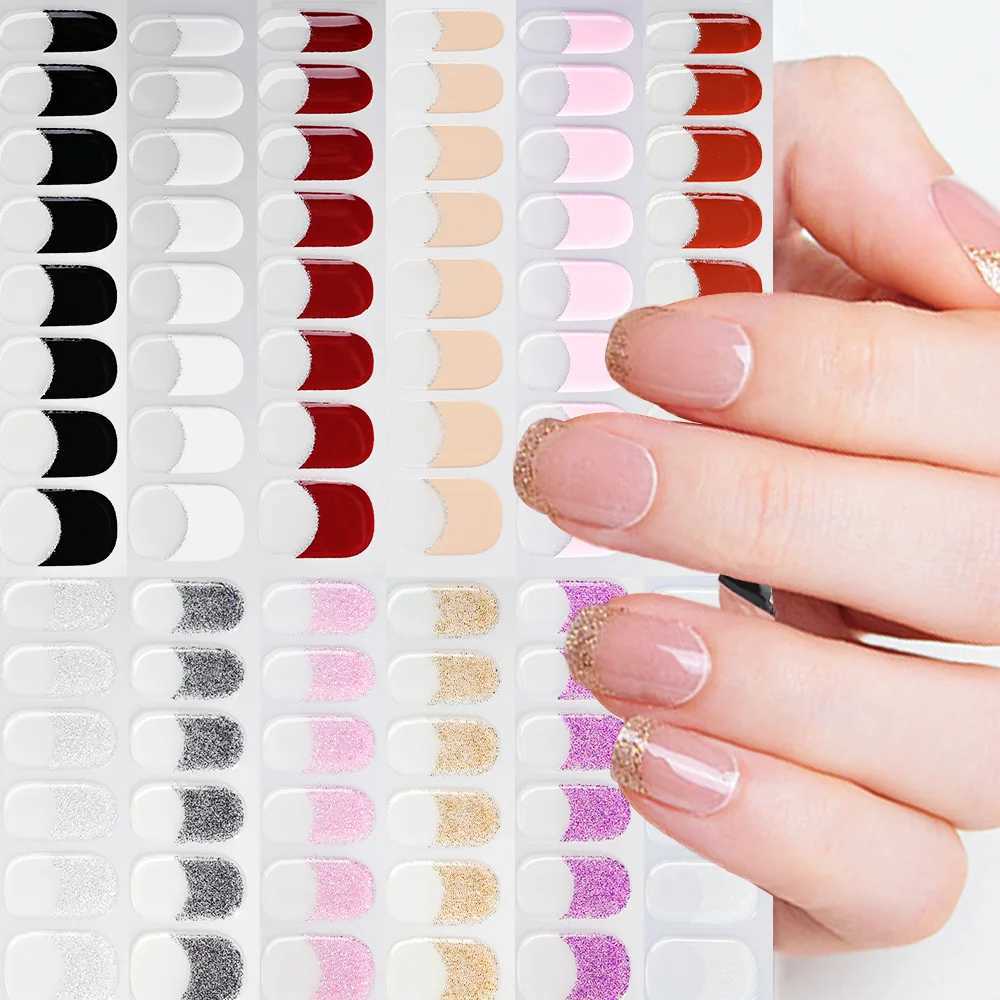 16Tips Semi Cured Gel Nail Wraps Golden Glitter French Phototherapy Lamp UV DIY Gel Patch-Includes Nail File Wooden StickXJ240814