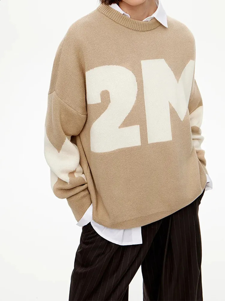 Autumn Winter Letter Print Knitted Pullover Womens Casual Long Sleeves Loose Sweater Ladies Fashion High Street Jumper 240812