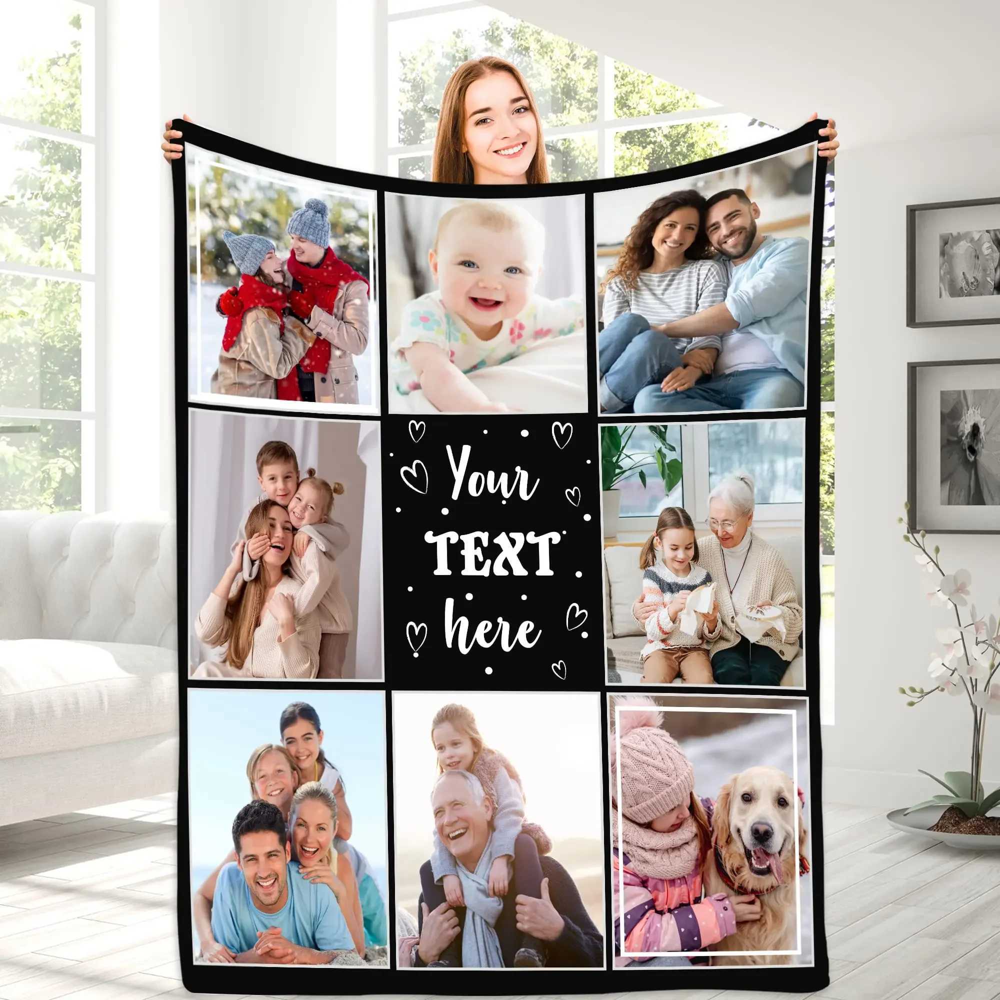 Custom Blanket With Text Photo Collage Personalized Picture Blankets Souvenirs Gifts Customized Throw Blanket for Family Mom Dad Y240815
