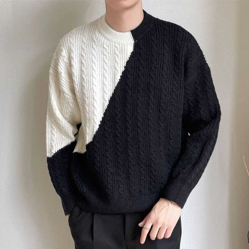 Winter Fashion Trend Color Contrast Round Neck Fried Dough Twists Loose Versatile Handsome Thickened Mens Long Sleeved SweaterXJ240814