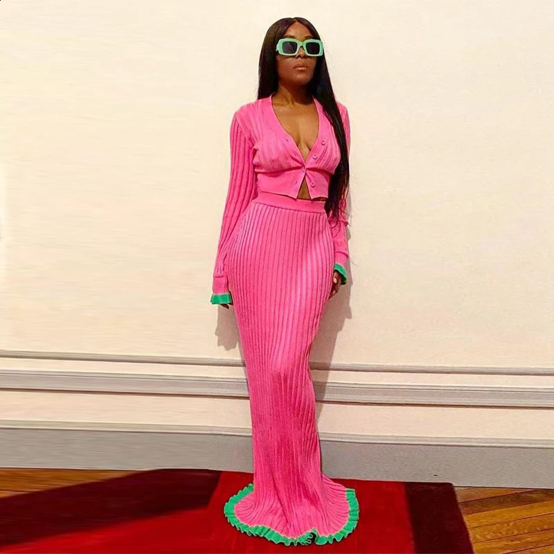 Knit Two Piece Set For Women Long Sleeve Cardigan Sweater And Maxi Skirt Sets Elegant Ruffle Birthday Party Night Club Outfit 240815