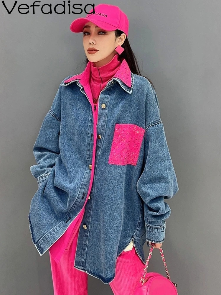 Vefadisa 2024 Autumn Green Women Patchwork Denim Jacket Lapel Long Sleeve Irregular Coat Temperament All Match Coat ZXY745A 240814