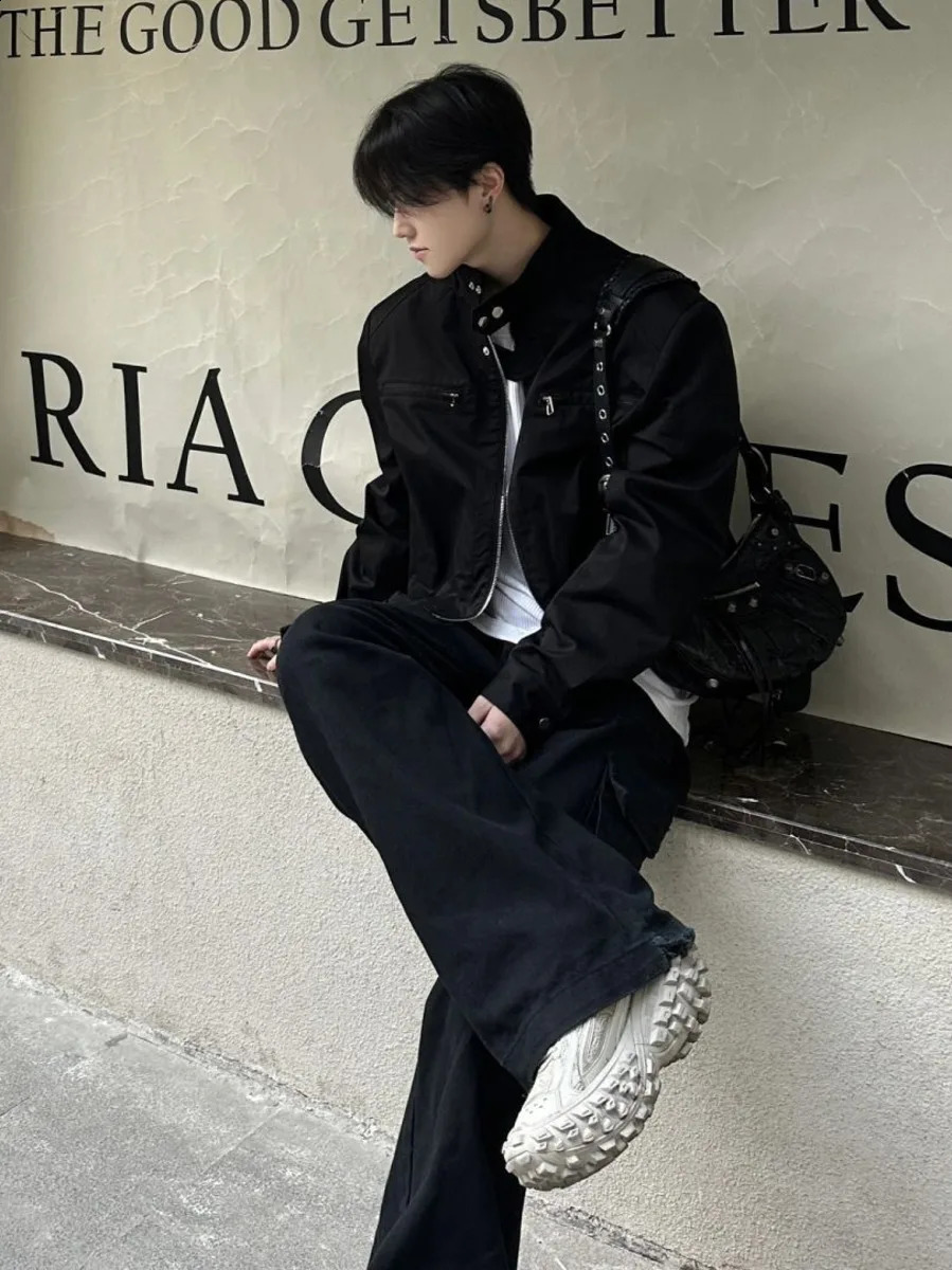 Hip Hop Y2k American Retro Cargo Bomber Jacket Spring Autumn Thin Coat Cropped Casual Solid Outerwear Streetwear 240809