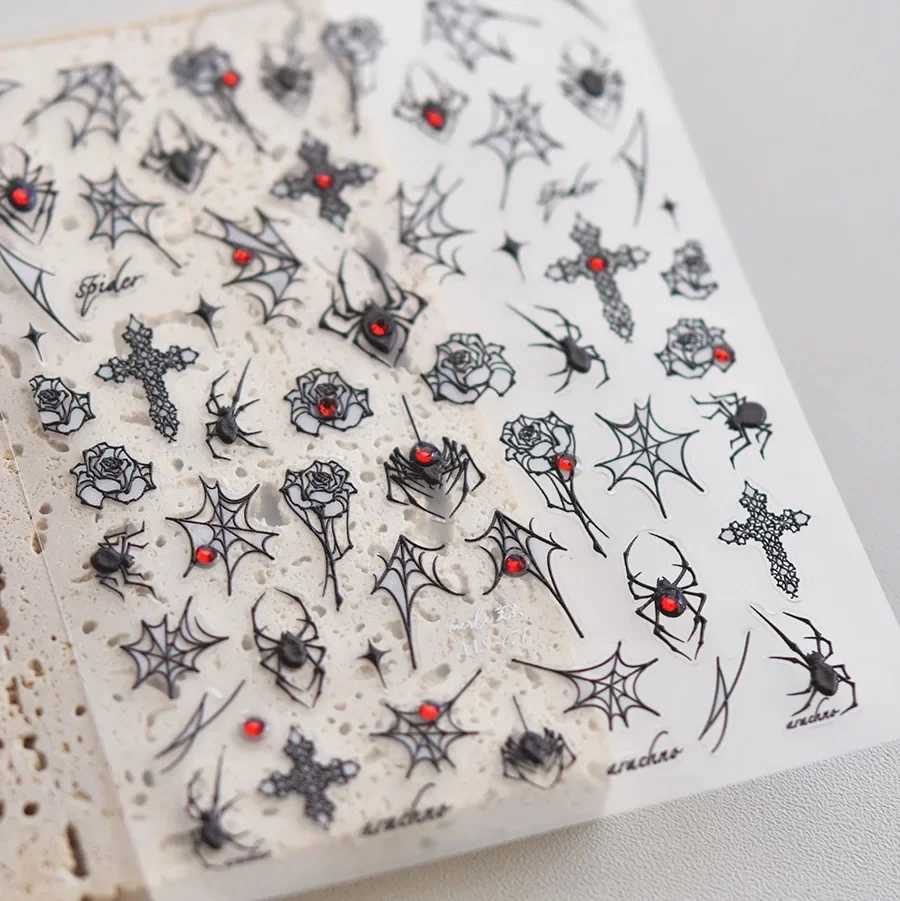 1pcs 5D Relief Glitter Diamonds Nail Stickers Decals Laser Dark White Wild Spider Web Cross Adhesive DIY Nail Art Decor StickersXJ240814