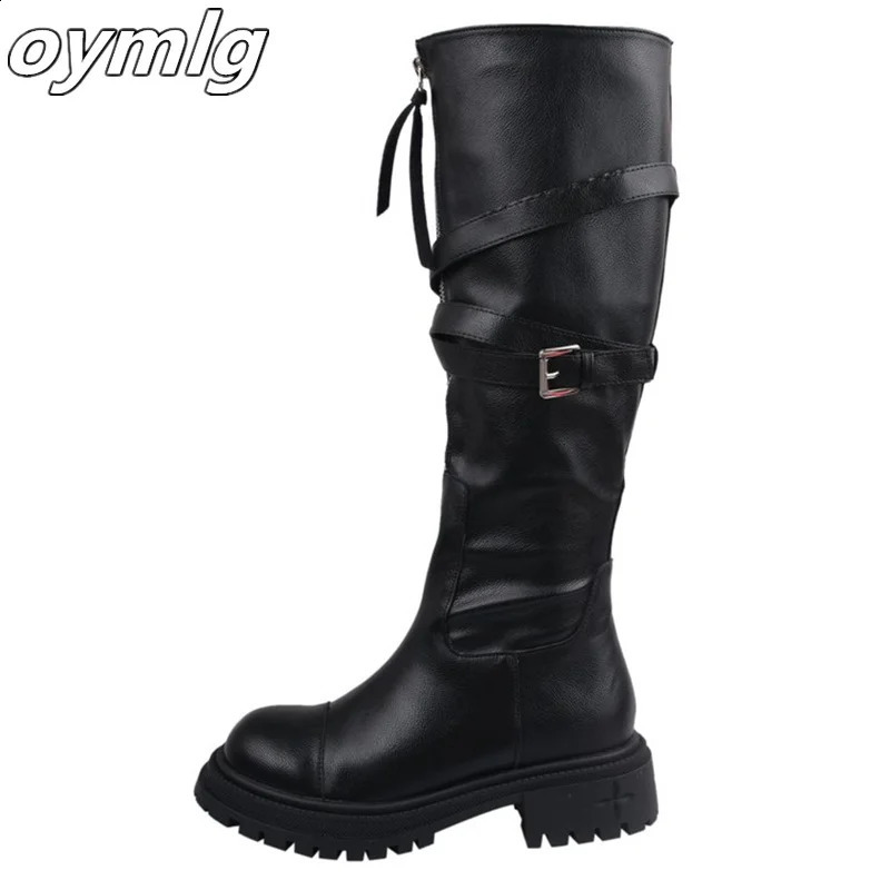 Autumn Knee Boots Womens Belt Buckle Thick Bottom Motorcycle Rider Boots Long Sleeve Fashion Boots 240821