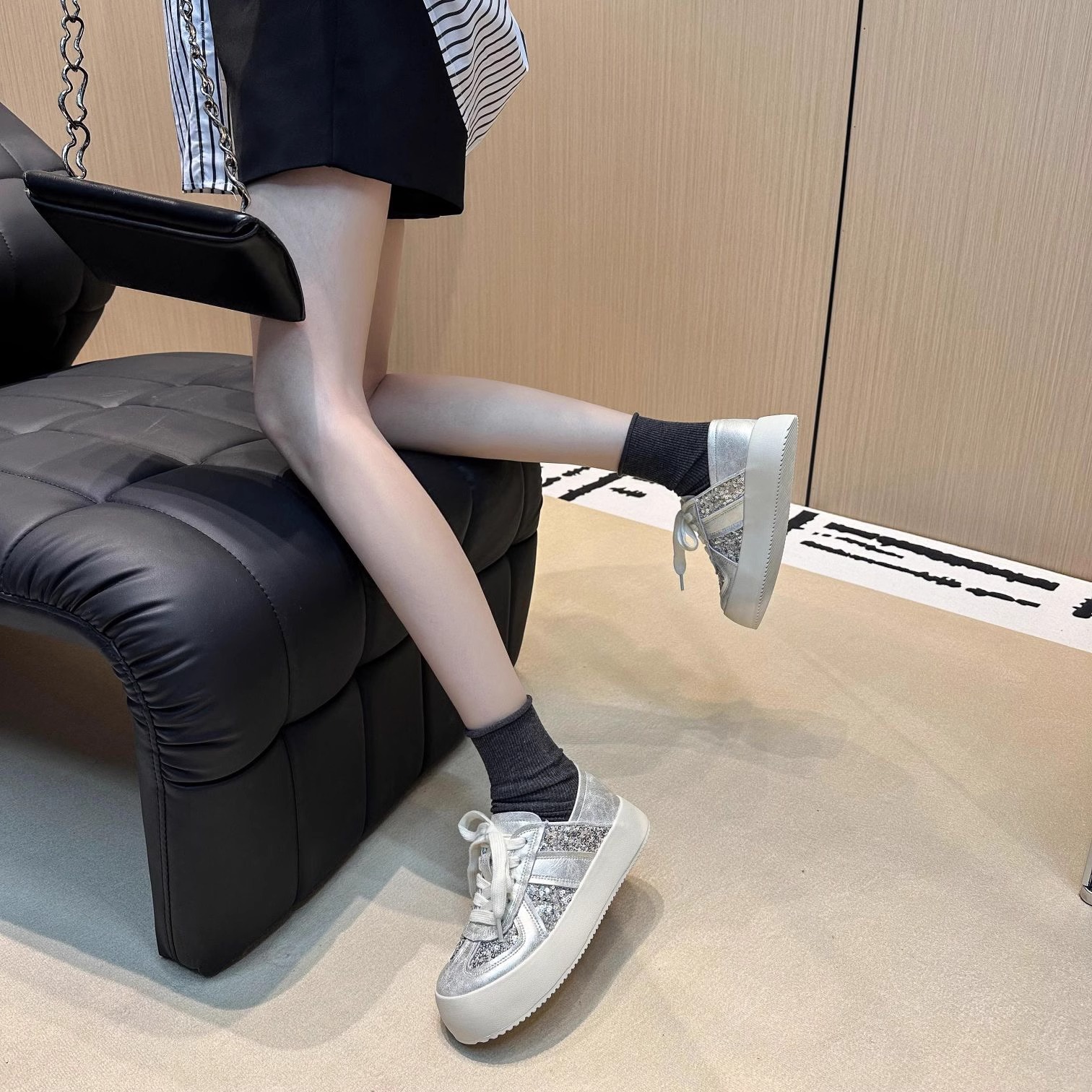 Women shoes Fashion Breathable Thick Sole Casual Shoes Lace Up Silver Free shipping