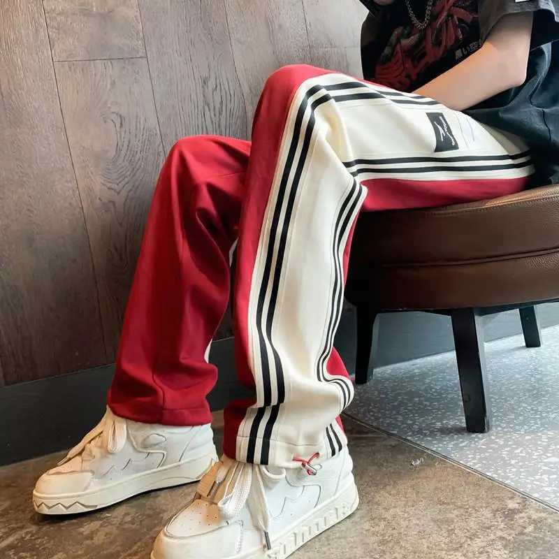 style contraSting color casual summer thin mens high straight cylindrical stripe splicing loose TrouserW240725