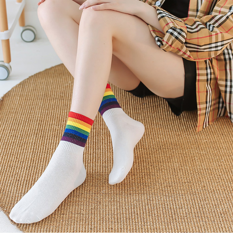 Rainbow Cotton Socks with Small and Medium Legs Popular Striped Long Socks Designed in Korea for Summer and Winter