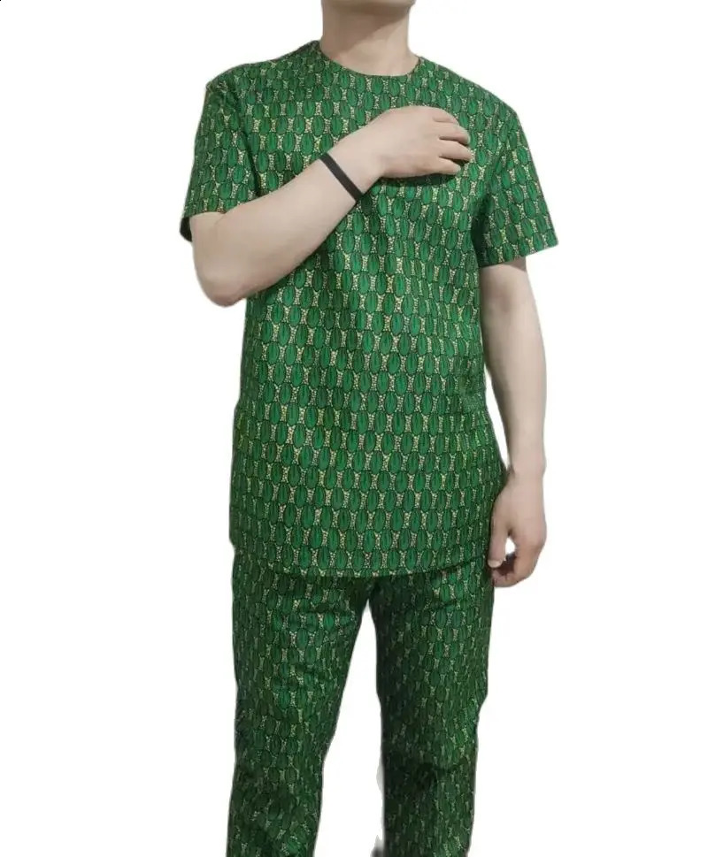 African clothing mens print short sleeve shirt with trouser Ankara fashion pant sets customize wedding male formal outfits 240814