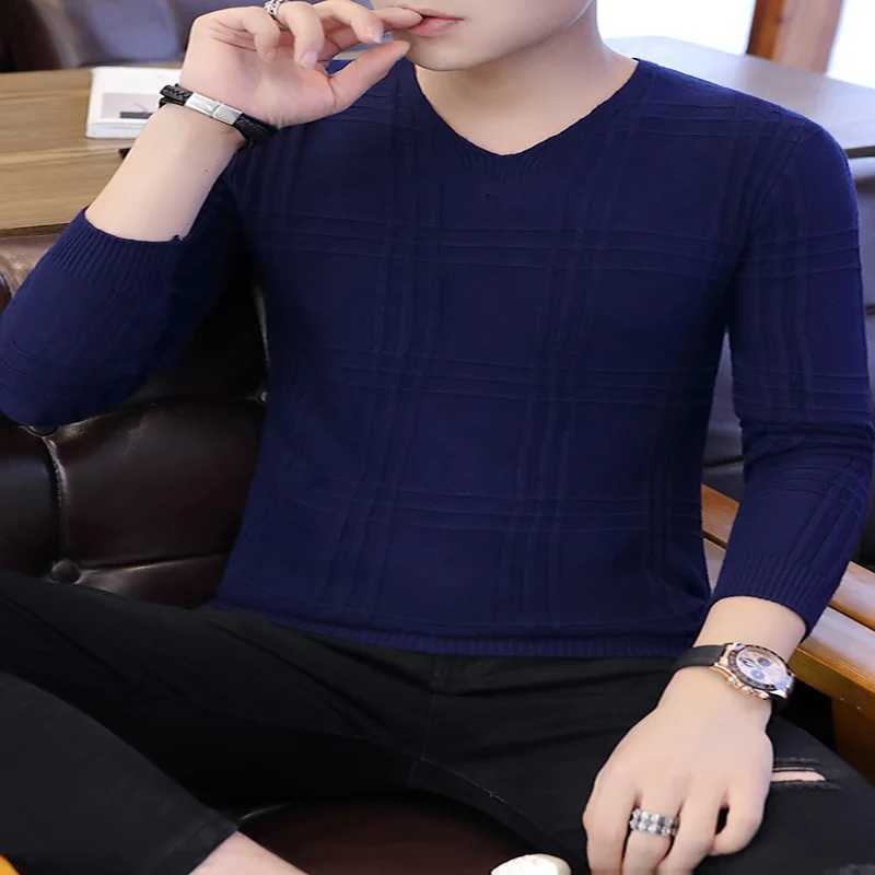 Mens New Fashion V-neck Solid Color Slim-fit Pullover Sweater Casual Long-sleeved Knitted ShirtXJ240814