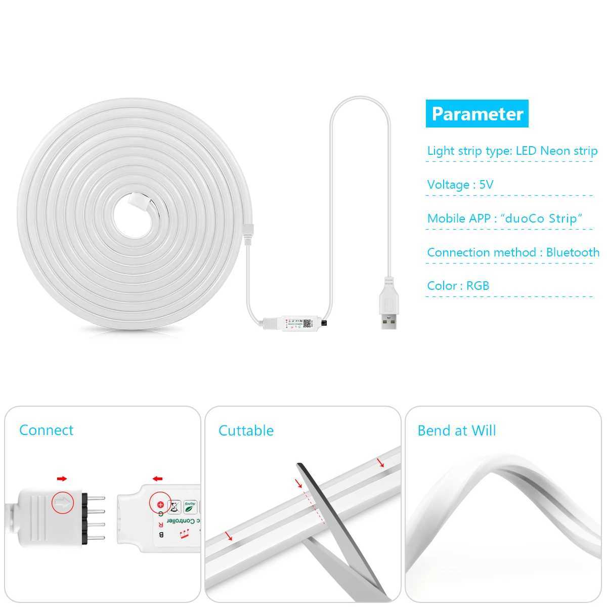 USB 5V RGB Neon LED Light Waterproof Neon Strip Light Tape Silicone Tube With Bluetooth App LED Controller For Bed Room Deocor CL240815