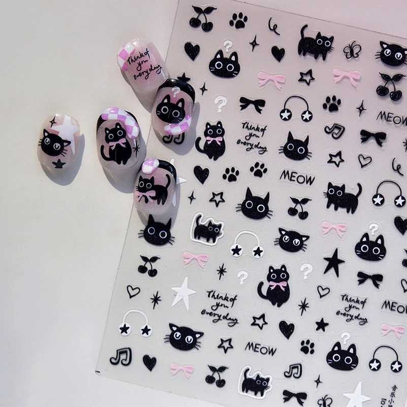 Black Cat Paw Prints Bowknot Love Heart Cherry Meow Music Kitty Star Egyptian Fish Totem Pharaoh Nail Art Sticker Manicure DecalXJ240814