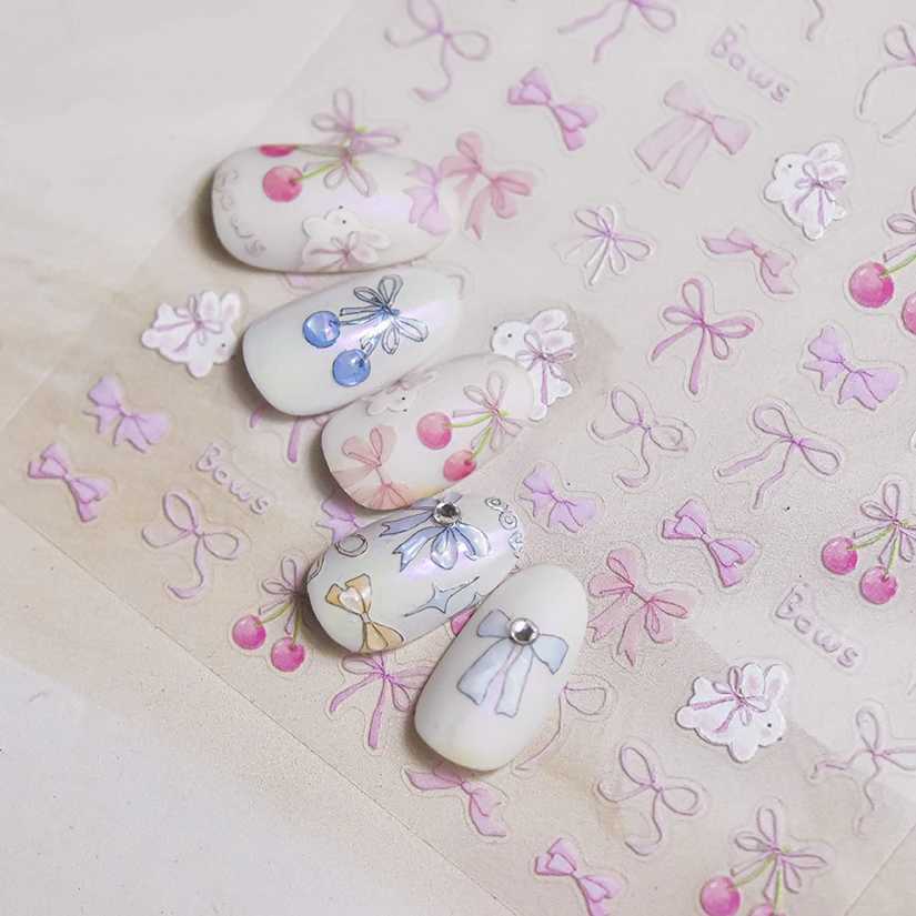 Colored Cherry Rabbit Rhinestone Love Heart Bowknot Strawberry Ribbon Flower Pearl Nail Art Decoration Sticker Manicure DecalXJ240814