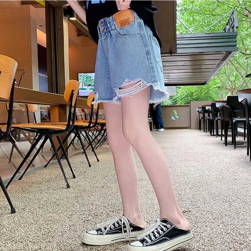 Childrens girls summer shorts retro tear hole casual style elastic waist jeans childrens clothing 6 8 10 12 14 years old W240813
