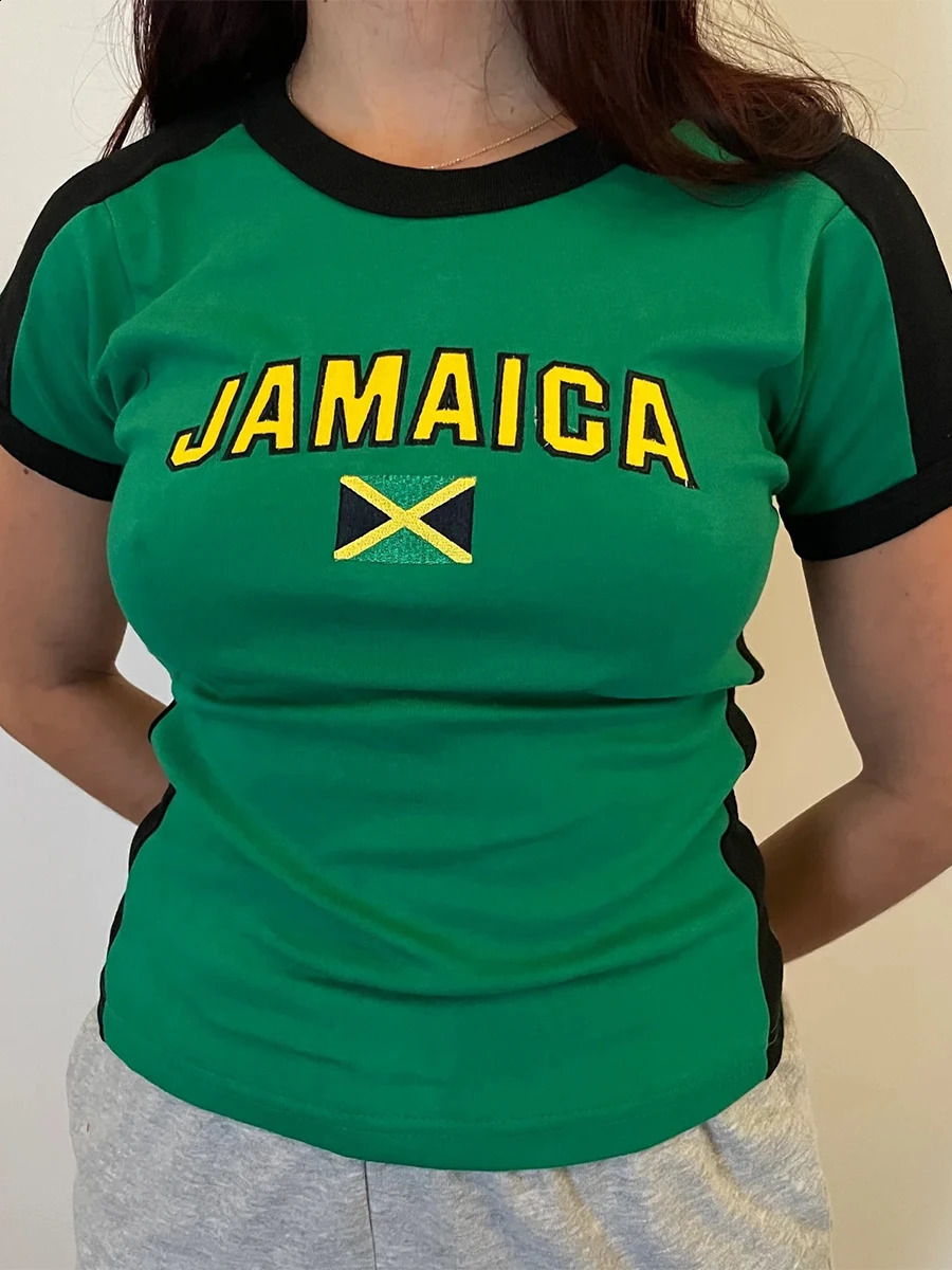 Womens sports short sleeved Tshirt crew neck patch work graphic top sexy slim fit contrasting color Y2k streetwear 240814