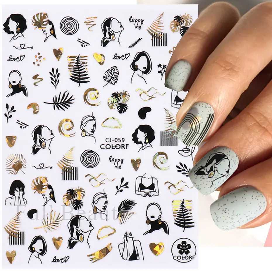 3D Black Gold Coconut Tree Nail Sticker Laser Palm Leaves Flower Sliders For Manicure Summer Beach Ocean Nail Decals DecoXJ240814