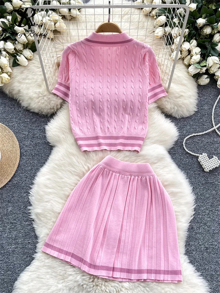 Summer Knitted Two-piece Set Retro Button Top and High-waist Folded Skirt Womens 2024 Fashion Outfit
