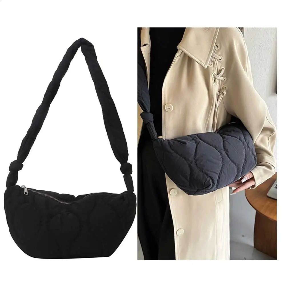 Female Pillow Shopper Bag Trendy Soft Down Cotton Underarm Solid Color Padded Tote Handbag Lightweight for Autumn and Winter 240821