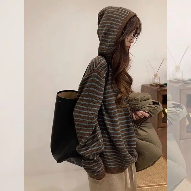 Tops Wide Casual Korean Hooded Striped Fashion Sweater Outer Wear Women Autumn and Winter 240815