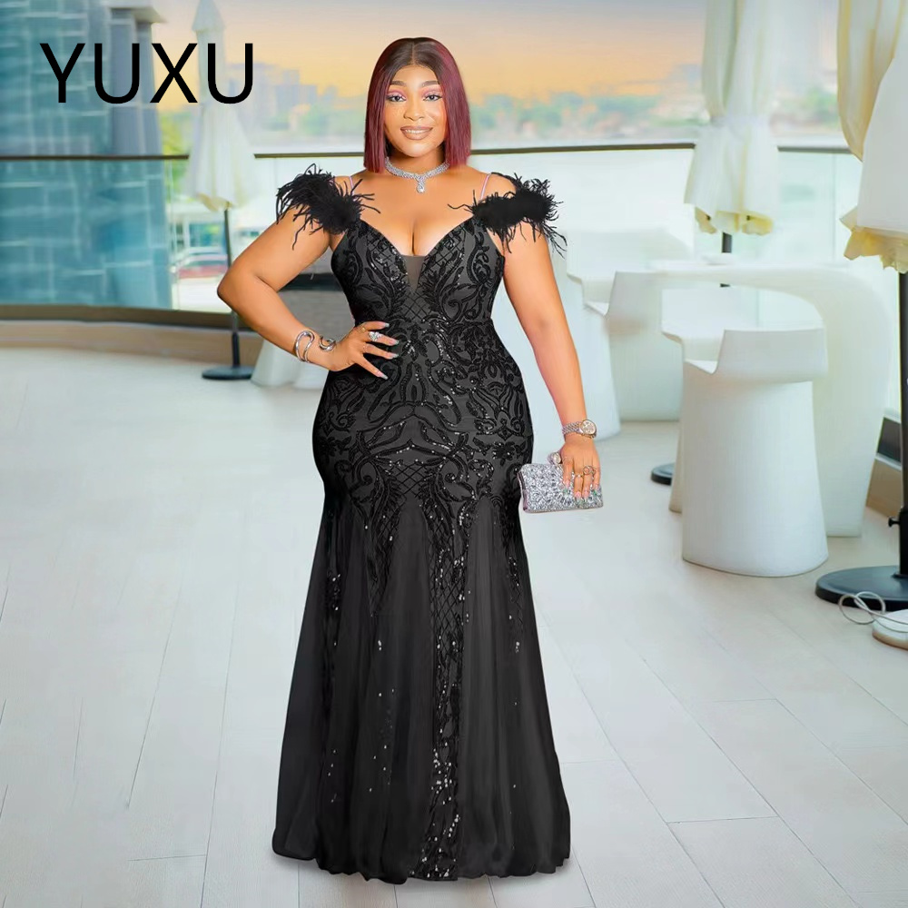 plus Size Aso Ebi Prom Dresses feather sequined Illusion Mermaid Long Sleeves Lace Tulle Evening Formal Dress for Special Occasions Birthday Party Gow