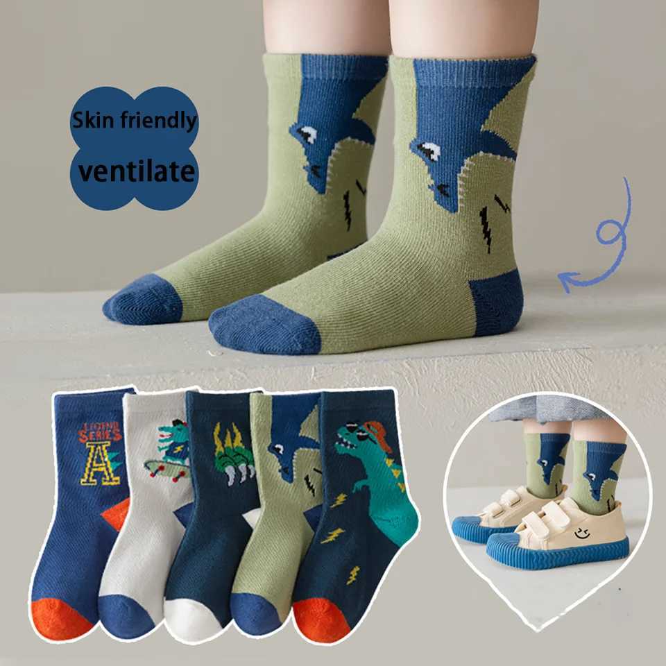 5 pairs of casual cute cartoon dinosaur knitted socks soft and comfortable breathable socks for boys and girls accessories W240814