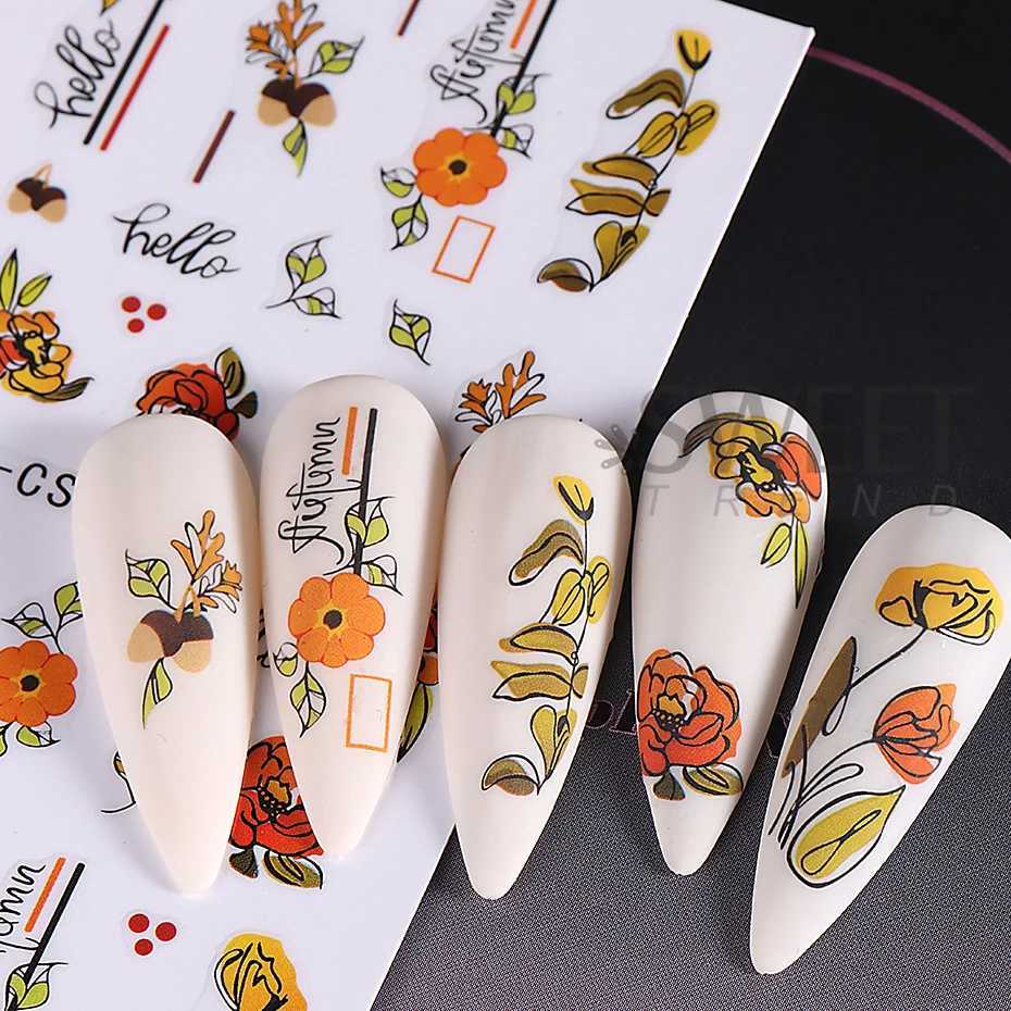 Autumn Pumpkin Nails Adhesive Stickers Fall Maple Leaf Flower Holly Element Decal Winter Adhesive Sliders Manicure Supplies TipsXJ240814