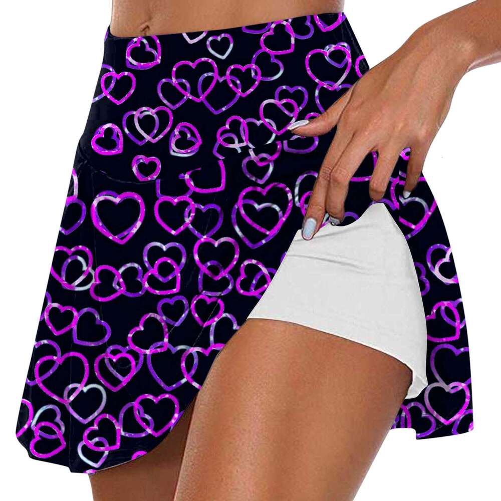 Sports Women Jogging Fiess Tennis Skorts Golf Pleated Valentine's Day Print Workout Elastic Half Skirt