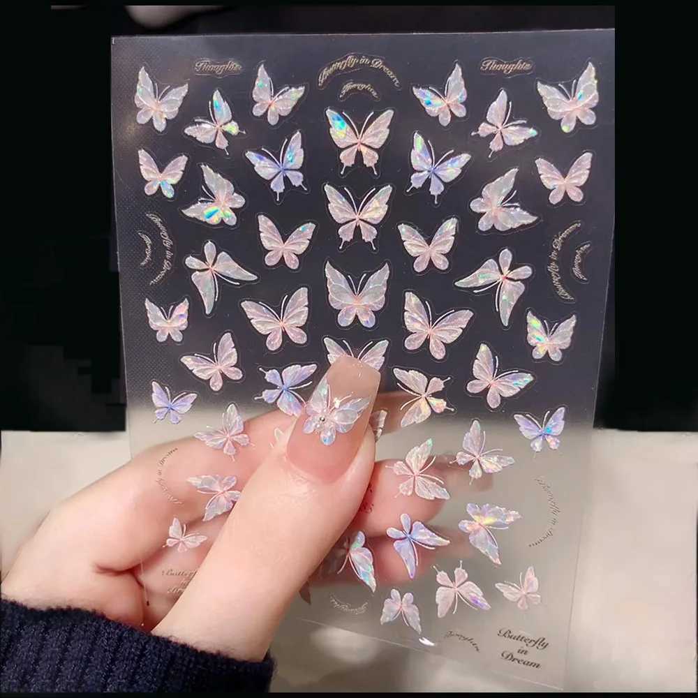 Pink Purple Aurora Shell Butterfly Nail Stickers Shiny Laser 3D Butterflies Nail Decals 8*10cm Adhesive Aurora Shell Butterfly NXJ240814