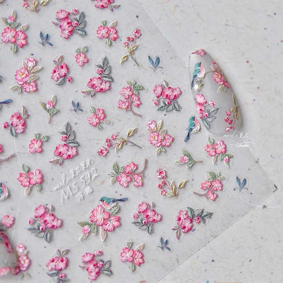 1pcs 5D Embossed Flower Nail Stickers Kawaii Pink Flower Nail Art Charms Decorations Decals DIY Self-Adhesive Slider AccessoriesXJ240814