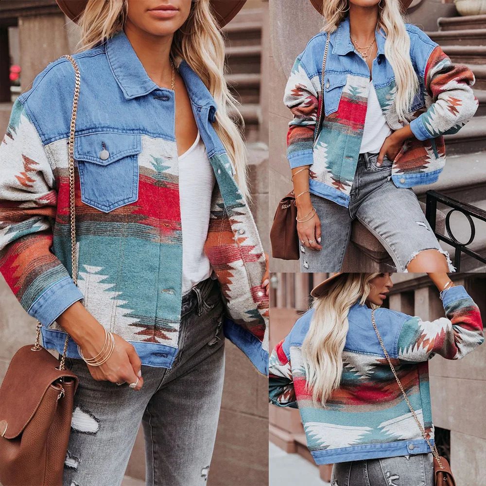 Vintage Womens Denim Jacket Geometric Print Autumn Winter Jeans Coat Female Slim 2024 Autumn Fashion Outerwear 240814