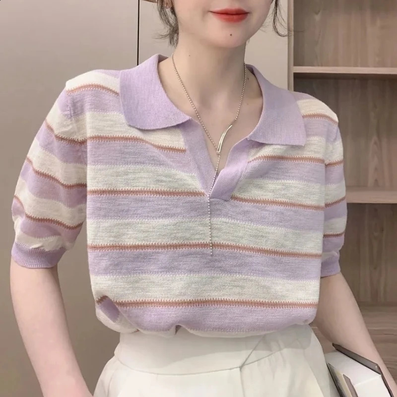 Korean Style Commuting Leisure Slimming Leisure Knitted Short Sleeve Polo Neck Contrast Striped Womens T-shirt Top 240827