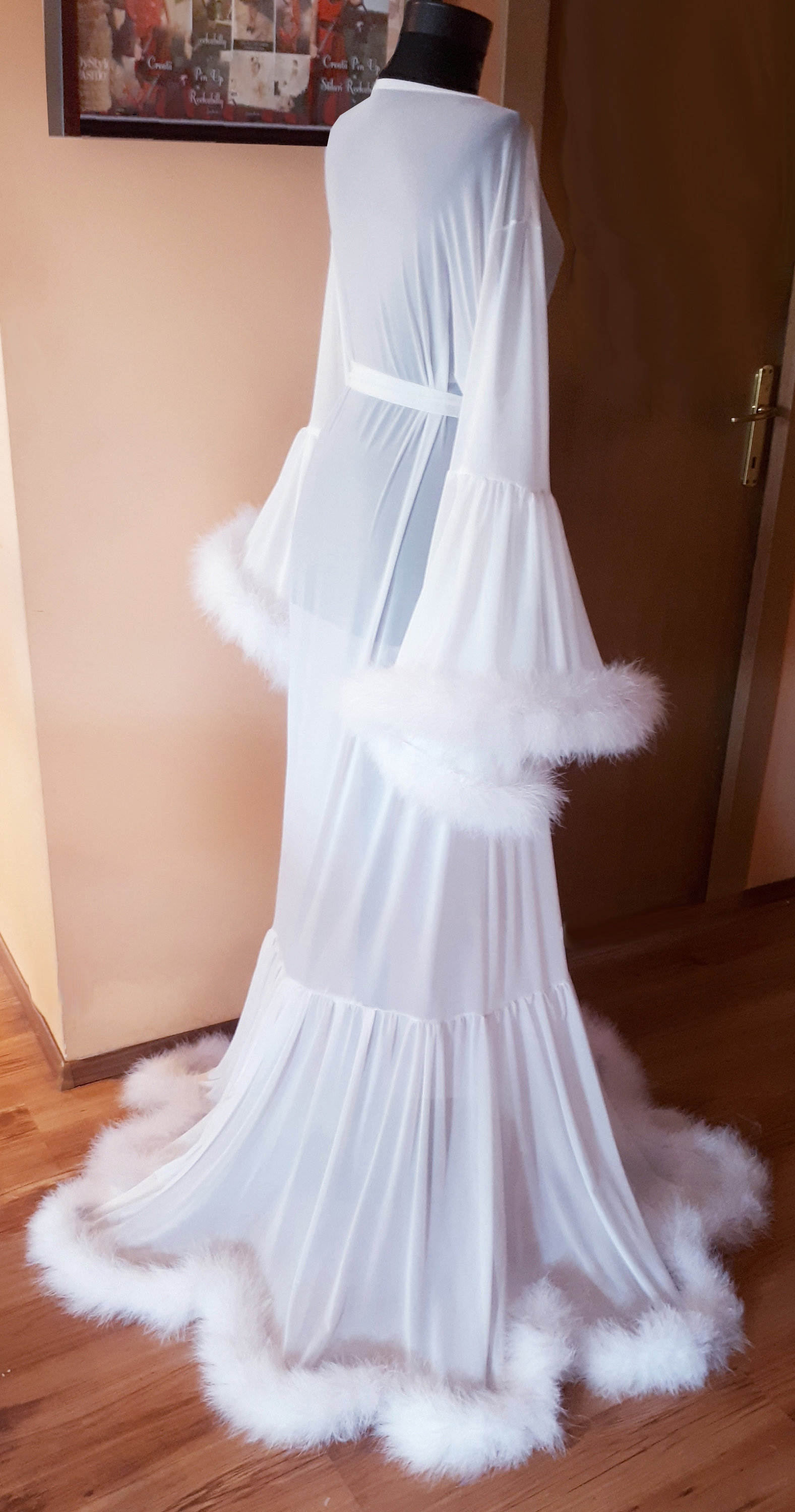 Illusion Women Bathrobe V Neck Long Sleeve Sash Pregnant Party Sleepwear Fur Ruffles Draped Robe Maternity Photo Evening Dresses