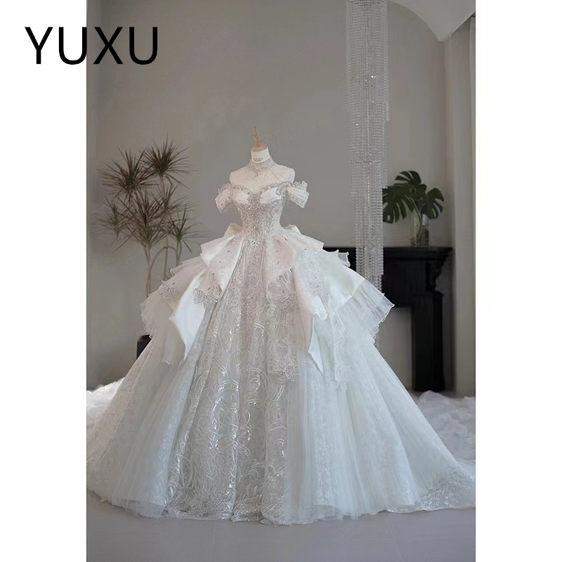 2024 Arabic Plus Size ball gown Wedding Dress Sheer Neck big sweep Train Bridal Gowns Dresses sequins Beading Sweep Train Long Sleeve Custom Made prin