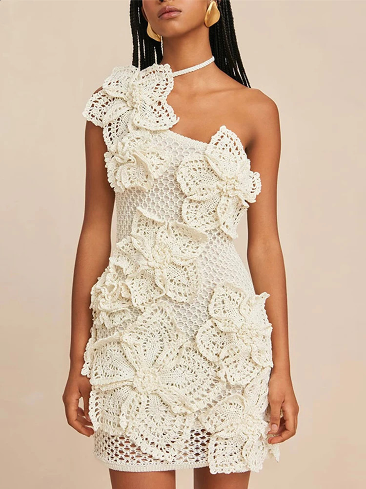 Beach Knit 3d Flowers One Shoulder Mini Dress Women Halter Sleeveless Backless Hollow Out Dresses 2024 Summer Lady Holiday Robes 240814