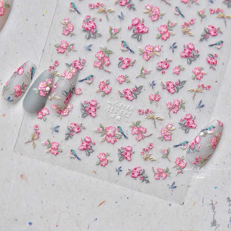1pcs 5D Embossed Flower Nail Stickers Kawaii Pink Flower Nail Art Charms Decorations Decals DIY Self-Adhesive Slider AccessoriesXJ240814