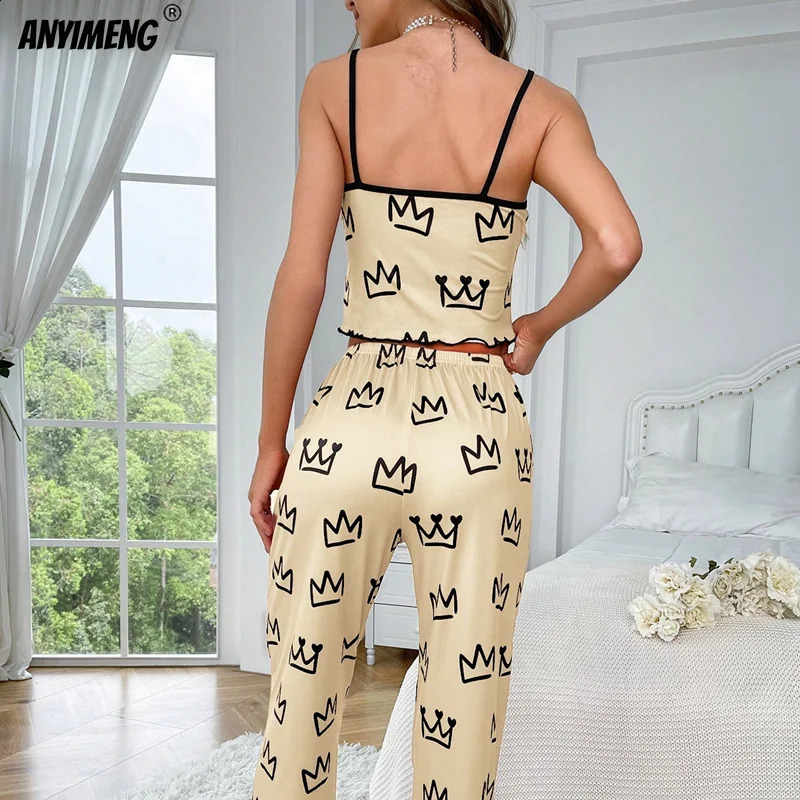 Crown Printing Women Sling Widelegs Pajamas Set Fashion Pijama For Girl Soft Milk Silk Sleepwear Casual Lady Sexy Nightwear 24