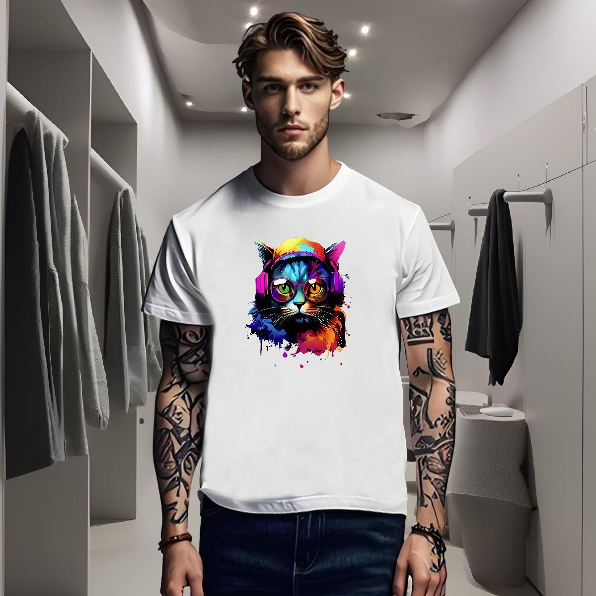 T shirt 230g Pure Cotton colorful cat Summer Casual Breathable Soft Black Oversized Men Tops Tees Factory Direct Loose Tops Shirt