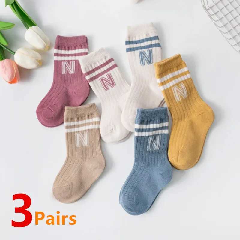 3 pairs of childrens knitted soft cotton letter socks childrens long knee high socks baby children baby boys and girls cute striped socks W240814