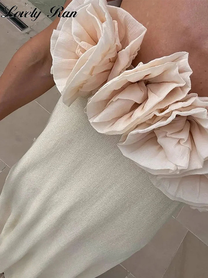 Sexy 3D Flower Cold Shoulder Party Dress Women Elegant Knit Backless Loose Female Dresses 2024 Fashion Summer Empire Lady Robe 240814
