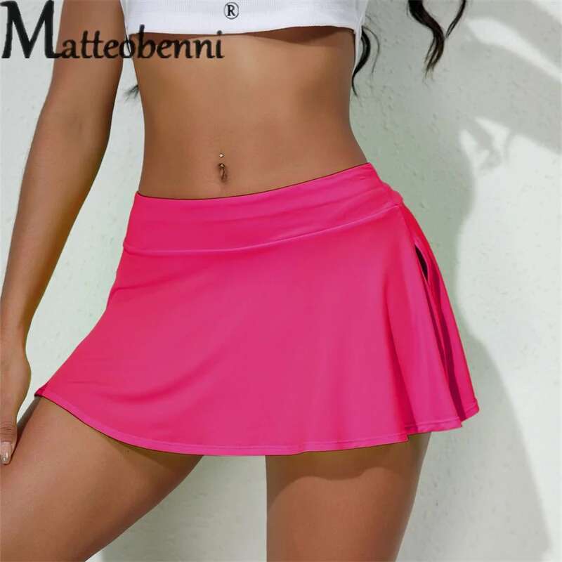 Solid Sports Color Ultra Short Tennis Skirt Women Split Hem Quick Drying Breathable Half-body Dresses Running Dancing Yoga Wear