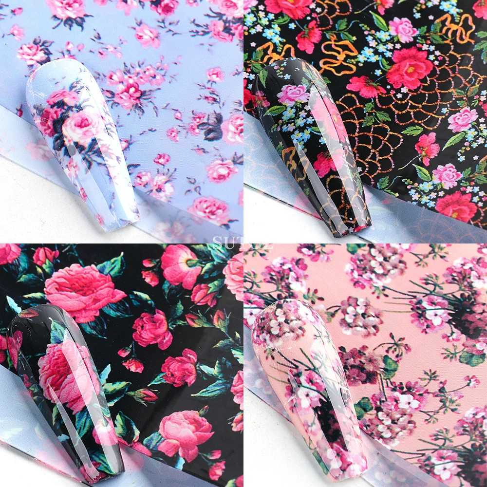 10pcs Floral Transfer Nail Foil Luxury Nail Stickers Rose Flowers Lettering Decals Leopard Starry Paper Manicure Wraps NL3108XJ240814