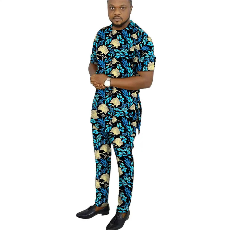 African clothing mens print short sleeve shirt with trouser Ankara fashion pant sets customize wedding male formal outfits 240814